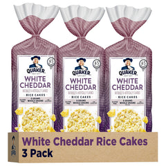 Quaker rice cakes white cheddar pack front, crispy whole grain snack.