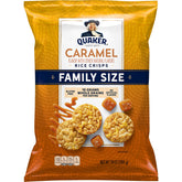 Quaker Rice Crisps Caramel bag shows gluten-free, low-fat crunch for family snacking.