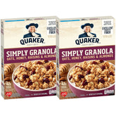 Quaker Simply Granola Honey & Raisin box front, ideal breakfast option for busy mornings.