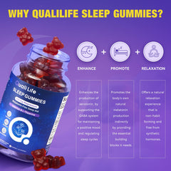 QualiLife melatonin-free sleep gummies jar lid close-up, easy nightly unwind with calm preparation