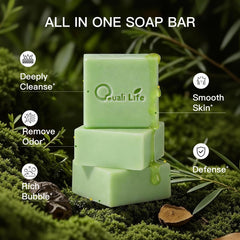QualiLife Tea Tree Soap bar close-up highlighting the textured surface for cleansing.
