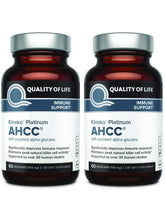 Quality of Life AHCC Kinoko Platinum 750 mg bottle front view signaling premium immune support.