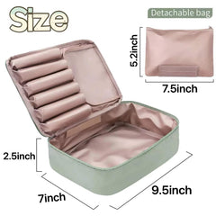 Queboom travel makeup bag green open compartments showcasing three organized sections