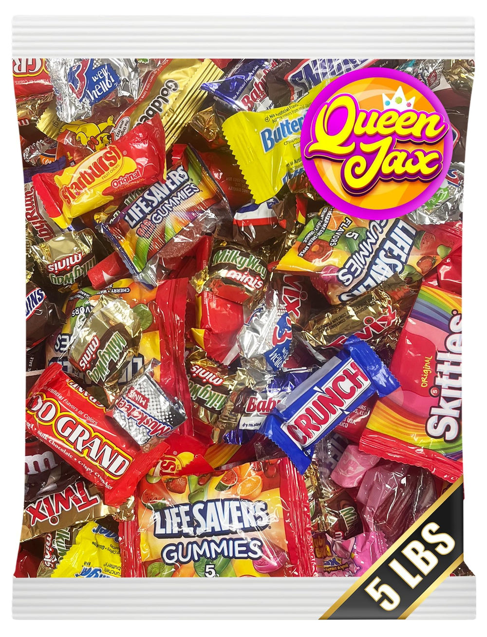 Queen Jax chocolate and candy variety pack in a large bag, ideal for parties.