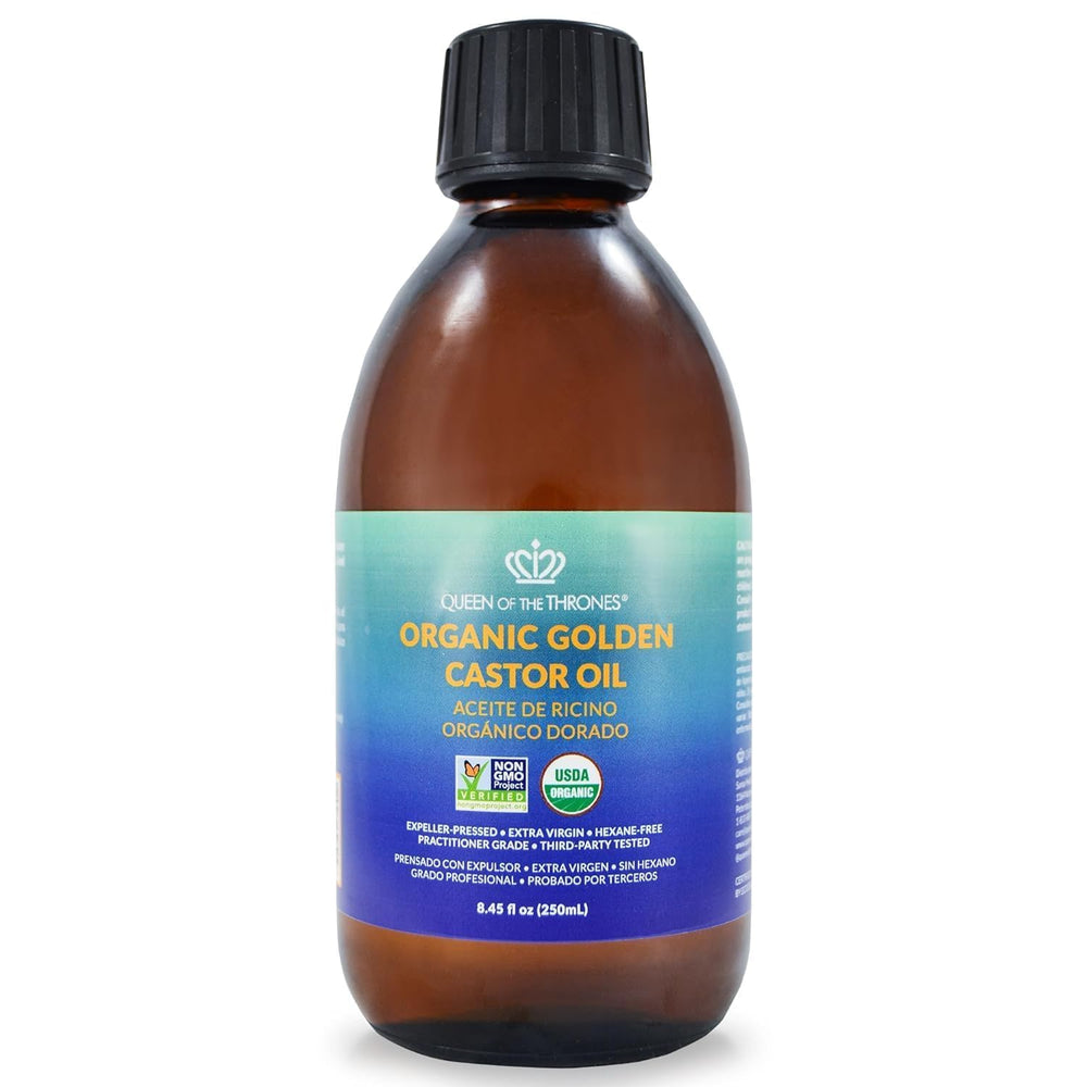 QUEEN OF THE THRONES Castor Oil bottle closeup showing purity and amber glass protection