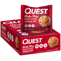 Quest Bake Shop Chocolate Chip Muffins packaging shows a convenient high-protein snack.