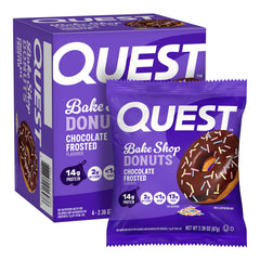 Quest Bake Shop Chocolate Frosted Donuts vanilla base close-up shows high-protein snack appeal.