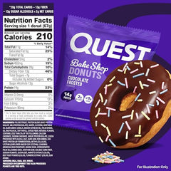 Quest Bake Shop donut with rainbow sprinkles and chocolate icing, low sugar option.