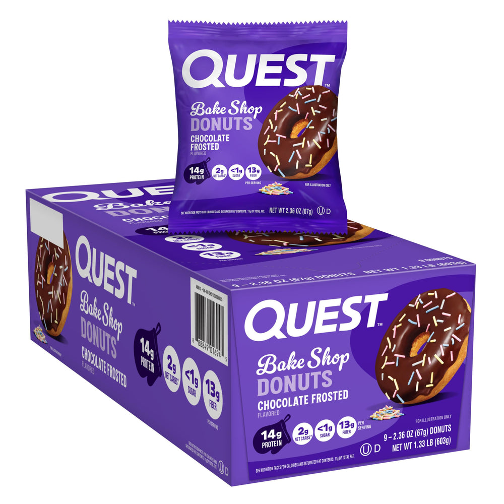Quest Bake Shop vanilla cake donut with chocolate frosting, 14g protein per serving.