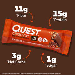 Quest bar bite closeup highlights glossy chocolate coating.