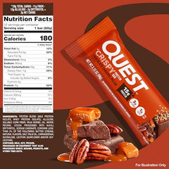 Quest bar cross-section shows chocolate, caramel, and pecan layers.
