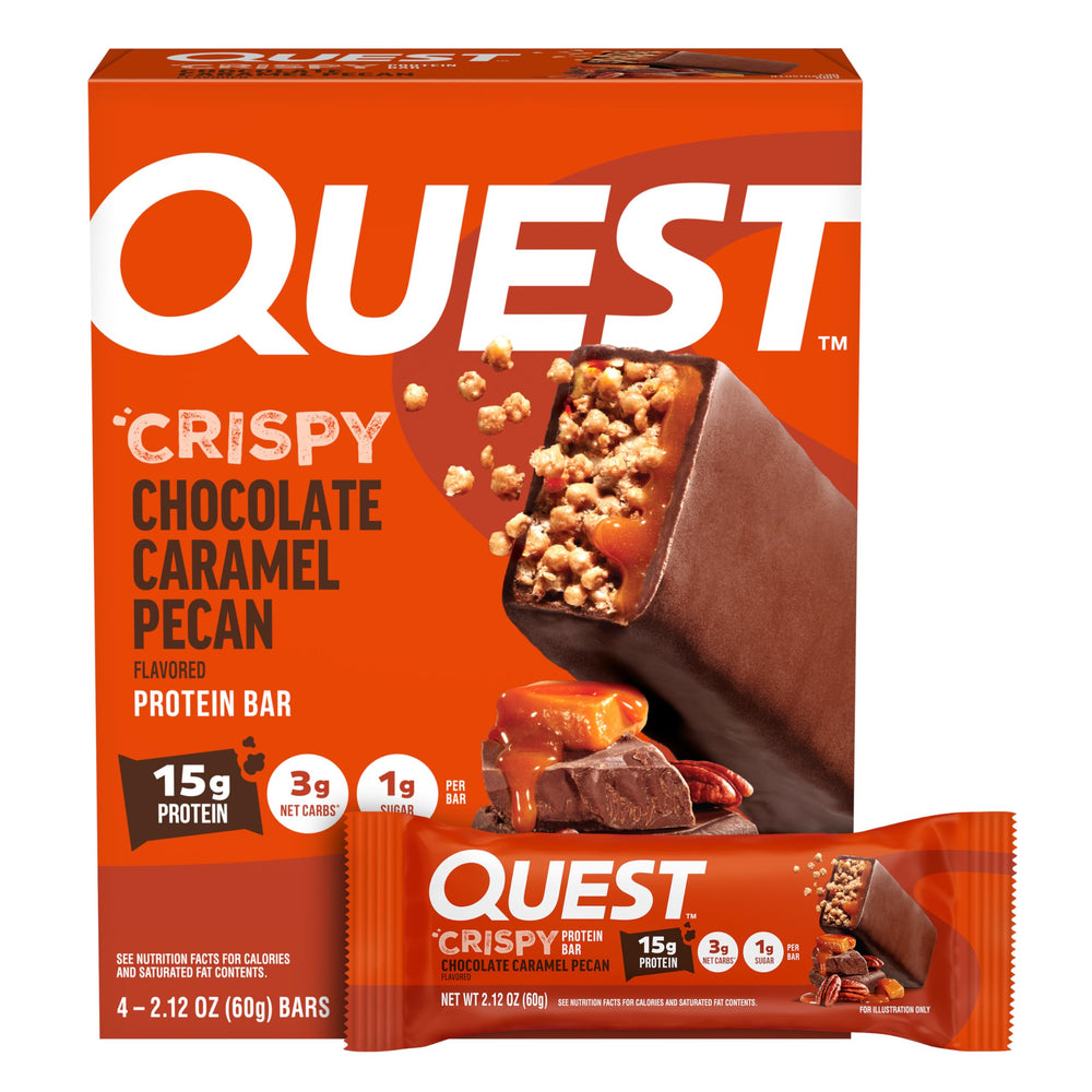 Quest Chocolate Caramel Pecan Bar packaging front for on-the-go protein snacking.