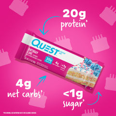 Quest Birthday Cake Bar, wrapped, convenient gym snack for fueling on the go.