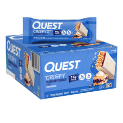 Quest Blueberry Cobbler Crispy Bar wrap shows a convenient on-the-go protein snack.