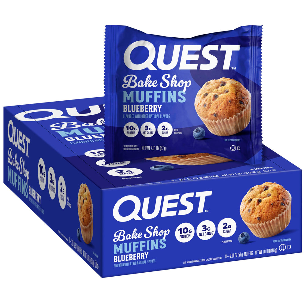 Quest Blueberry Muffin pack front, protein-rich snack for busy mornings