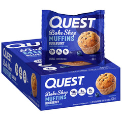 Quest Blueberry Muffin pack front, protein-rich snack for busy mornings