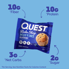 Quest Blueberry Muffins packaging closeup emphasizes low sugar indulgence.