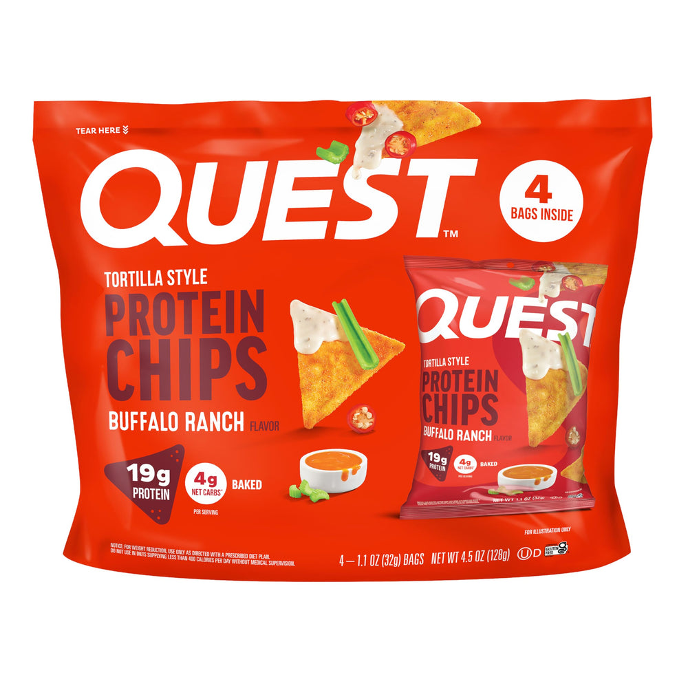 Quest Buffalo Ranch protein chips pack, gluten-free high-protein snack for on-the-go.