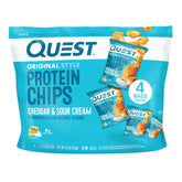 Quest Cheddar & Sour Cream protein chips bag shows bold flavor and high protein