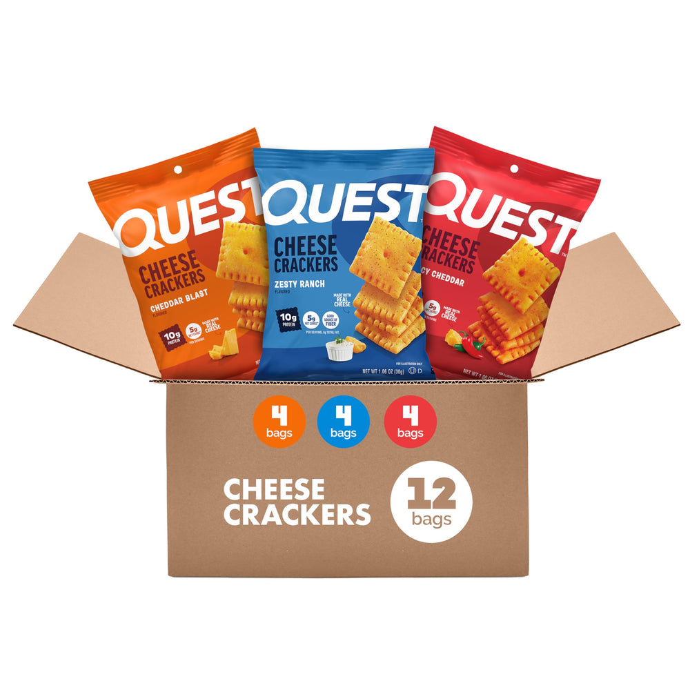 Quest Cheesy Protein Crackers variety pack front view ideal for on-the-go snacking