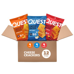 Quest Cheesy Protein Crackers variety pack front view ideal for on-the-go snacking