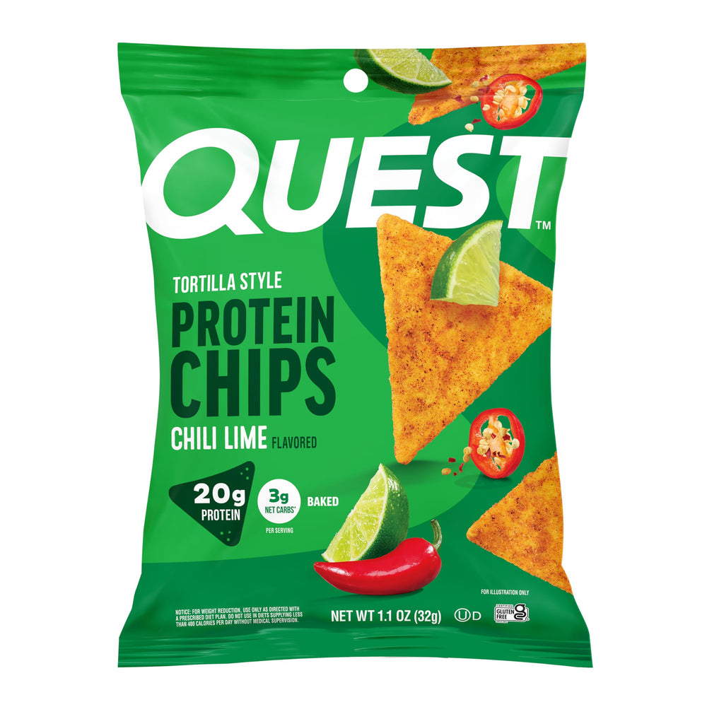 Quest Chili Lime Tortilla Style Protein Chips box, 12-pack for easy snacking.