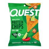 Quest Chili Lime Tortilla Style Protein Chips box, 12-pack for easy snacking.