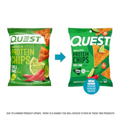 Quest Chili Lime Tortilla Style Protein Chips single bag, protein-packed snack.