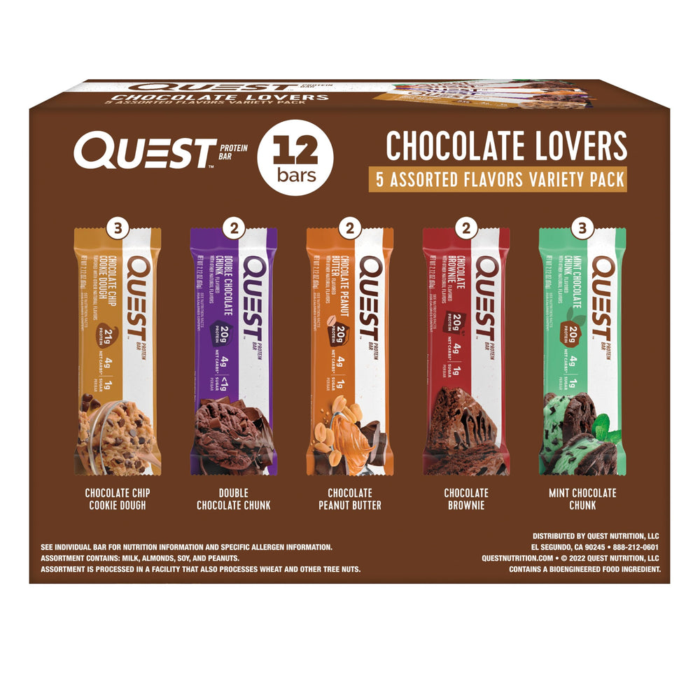 Quest Chocolate Lovers Variety Pack bars assortment for a high protein snack