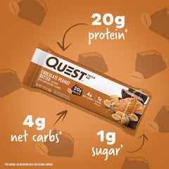 Quest Chocolate Peanut Butter bar unwrapped, showcasing indulgent flavor and texture.
