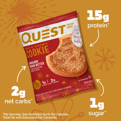 Closeup of Quest Cinnamon Brown Butter cookie highlighting chewy texture and flavor.