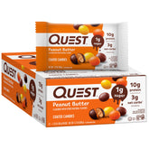 Quest coated candies peanut butter center closeup, a protein-packed snack with low sugar