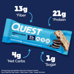 Quest Cookies & Cream bar nutrition label highlighting 21g protein per bar