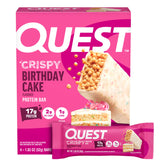 Quest Crispy Birthday Cake bar pack shot, protein-packed workout snack.