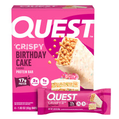 Quest Crispy Birthday Cake bar pack shot, protein-packed workout snack.