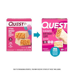 Quest Crispy Birthday Cake bar wrapper-out shows convenient on-the-go protein.