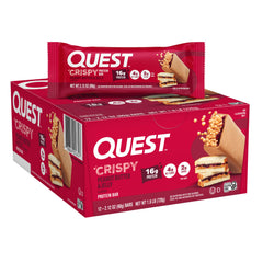Quest Crispy PB&J bar packaging shows a 12-bar carton for easy stocking