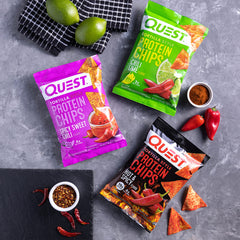 Quest Hot & Spicy tortilla chips bag showing seasoned surface.