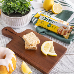 Quest Lemon Cake bar drizzle detail suggesting indulgence