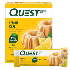 Quest Lemon Cake bar packaging for on-the-go snack