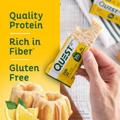 Quest Lemon Cake bar slice close-up highlighting texture