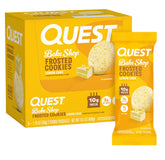 Quest lemon cake frosted cookie twin pack close-up highlighting lemon glaze and soft, chewy texture.