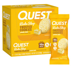 Quest lemon cake frosted cookie twin pack close-up highlighting lemon glaze and soft, chewy texture.