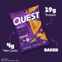 Quest Loaded Taco tortilla-style chips on shelf highlighting gluten-free, protein-forward crunch for game day