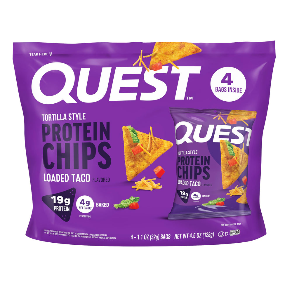 Quest Loaded Taco tortilla-style chips packaging highlights savory beef and cheese flavor for taco night