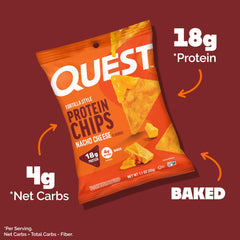 Quest Nacho Cheese tortilla chips with 18g protein per serving close-up