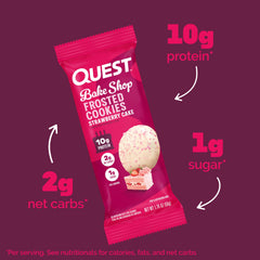 Quest Frosted Cookies strawberry cake slice shows soft chewy texture