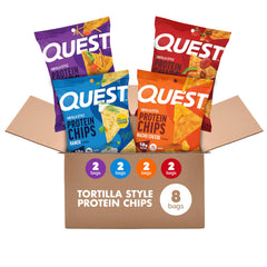 Quest Nutrition Tortilla Style Protein Chips pizza flavor – high-protein snack for workouts.
