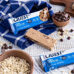 Slice of Quest Oatmeal Chocolate Chip Bar shows interior texture and color
