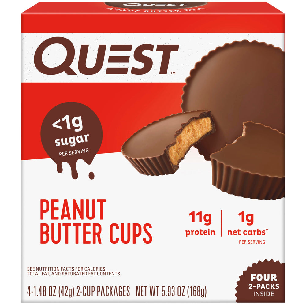 Quest Peanut Butter Cups: two cups per package, ideal for quick protein on the go.